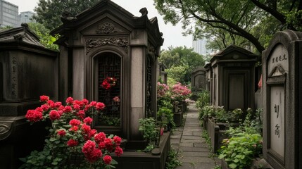 Serene pathway in a historic cemetery with ornate tombs adorned with vibrant red roses and lush greenery.