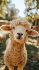 Obraz premium A close-up of a fluffy, young sheep smiling in a natural setting.