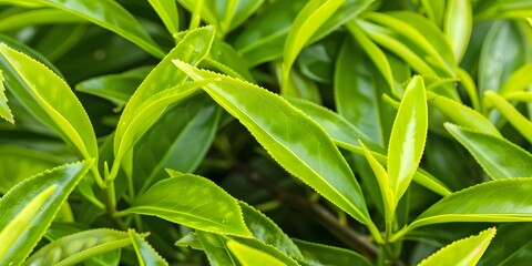 Fototapeta premium Fresh tea tree leaves in close-up, displaying their vibrant color and delicate texture against a soft background