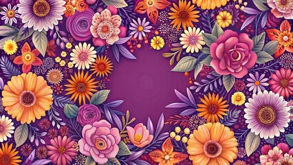 Vibrant Floral Border Design with a Purple Background Featuring a Variety of Flowers in Autumnal Hues