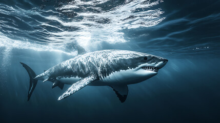 Fototapeta premium White shark swimming in the ocean near the coral reef