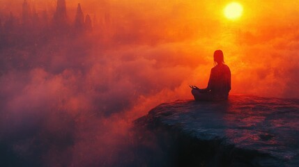 Silhouette of person meditating on clifftop at sunset, amidst fog and mountains.