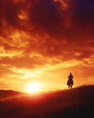 A silhouette of a cowboy on horseback against a vibrant sunset sky.