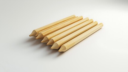 A row of wooden pencils are lined up on a white background
