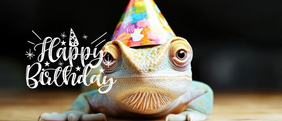 Obraz premium Festive Chameleon Celebrates Birthday Wearing a Party Hat