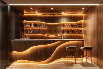 Wooden panel walls in a luxurious home bar area, enhanced with integrated LED lighting for a sophisticated vibe
