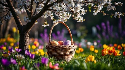 An Easter egg basket dynamically positioned under a blossoming tree in a vibrant spring garden