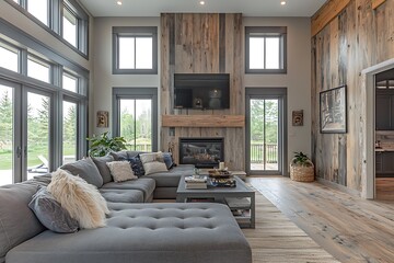 Wooden panels in a sophisticated gray stain, providing an upscale, modern feel in a luxury living room