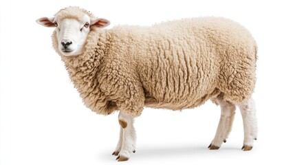 A fluffy sheep standing on a white background, showcasing its woolly texture.