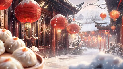 A snowy scene with lanterns hanging from the roof of a building