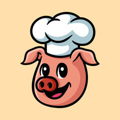 fun pig chef head cartoon character isolated colored drawing line art style sketch classic vintage design illustration