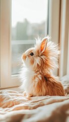 A fluffy rabbit sitting by a window, basking in the soft sunlight.