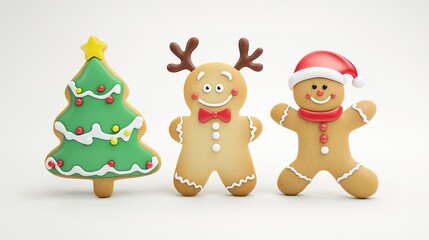 Playful 3D Cartoon Christmas Scene Featuring a Reindeer, Christmas Tree, and Large Gingerbread Cookie for Kids, Capturing Festive Spirit and Whimsical Holiday Charm on a White Background.