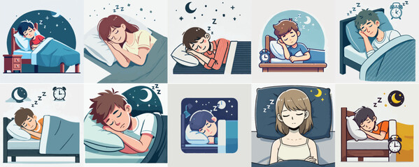 vector set of a teenager sleeping at night with a simple flat design style