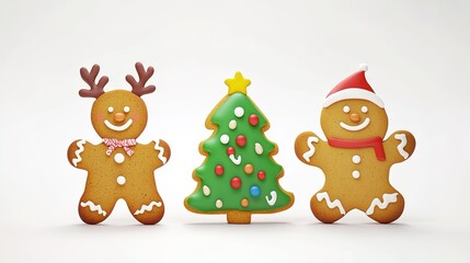 Fototapeta premium Playful 3D Cartoon Christmas Scene Featuring a Reindeer, Christmas Tree, and Large Gingerbread Cookie for Kids, Capturing Festive Spirit and Whimsical Holiday Charm on a White Background.