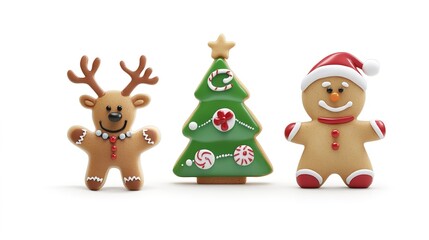 Fototapeta premium Playful 3D Cartoon Christmas Scene Featuring a Reindeer, Christmas Tree, and Large Gingerbread Cookie for Kids, Capturing Festive Spirit and Whimsical Holiday Charm on a White Background.