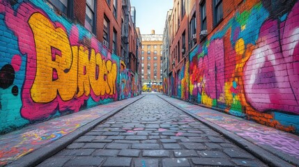 Fototapeta premium Cobblestone alleyway, vibrant graffiti art.