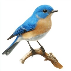 A bluebird perched on a branch, isolated on a white background.