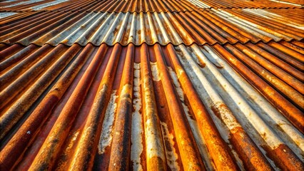 Rusty corrugated metal roofing texture aged, weathered, and oxidized surface
