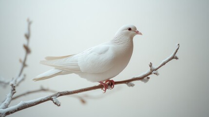 Obraz premium White dove perched on a snow-covered branch in winter.