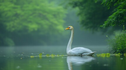 Obraz premium A serene swan gliding through a misty, tranquil lake surrounded by lush greenery.
