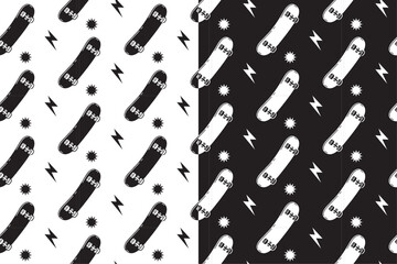 retro skateboard with thunder star seamless pattern on black white background for packaging and merchandise.  skateboarding with bold lightning pattern background. pattern of skateboarding background