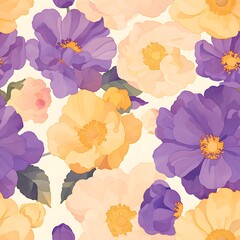 Purple and pink yellow roses watercolor fabric print design, Generative AI
