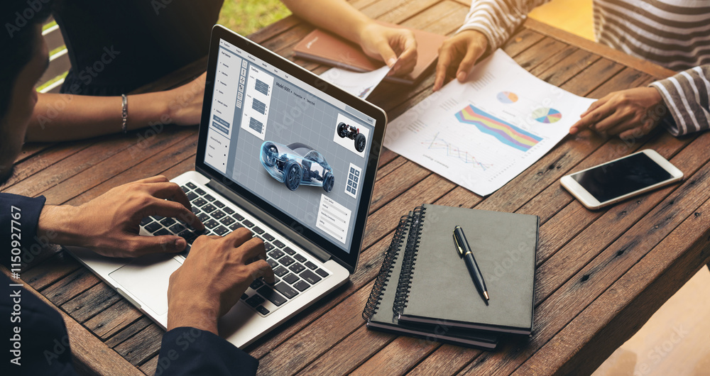 Poster electric car design software on computer screen showing simulation blueprint snugly by digital calcu