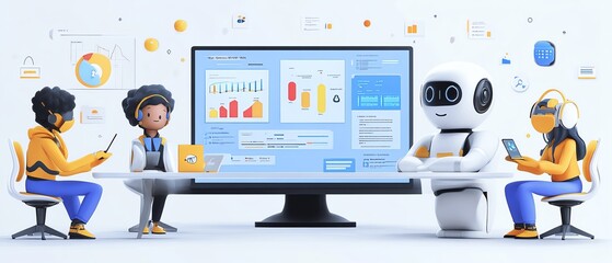 Corporate team collaborating to analyze business performance and objectives, using AI and KPIs to assess sales and customer data for success