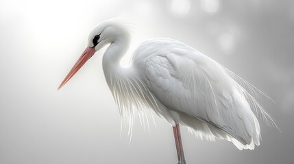 Fototapeta premium Majestic white heron standing gracefully in soft, diffused light.