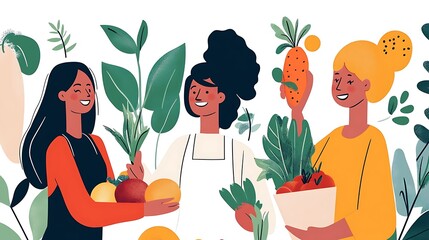 Diverse Women Enjoying Fresh Fruits and Vegetables in Art Style