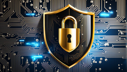 cybersecurity shield with lock and tech circuits