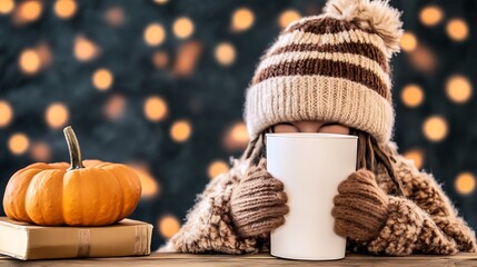 Cozy Child Enjoying Warm Drink with Pumpkin and Books by Firelight