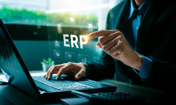 Businessman Using ERP Software System on Virtual Interface, Integrating Business Processes and Data Management Solutions for Efficient Workflow, ERP data icon to analyze marketing technology - Powered by Adobe