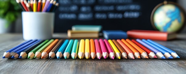 School table arranged with pencils, colored pencils, a world globe, and books, softfocus blackboard in the background, representing back to school and education