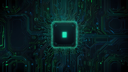 A futuristic abstract background resembling a circuit board, with glowing neon lines in shades of blue and green, intertwining in intricate patterns