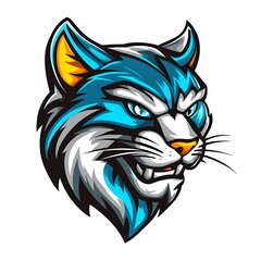 Aggressive Blue Cat Mascot Head.  Sporty Cat Logo Design.