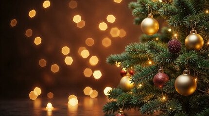 Christmas Tree Adorned with Golden Ornaments on Dark Mysterious Holiday Background Illustration