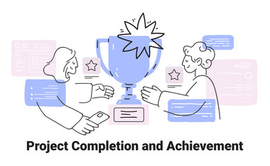 Project completion and achievement concept featuring two people celebrating with a trophy surrounded by stars in a minimalist sketch style