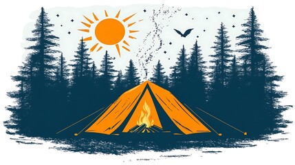Vibrant Camping Scene with Tent, Campfire, Sun, and Forest Background
