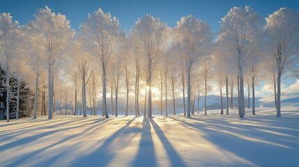 Sunlit frost-covered trees in a snowy winter landscape.
