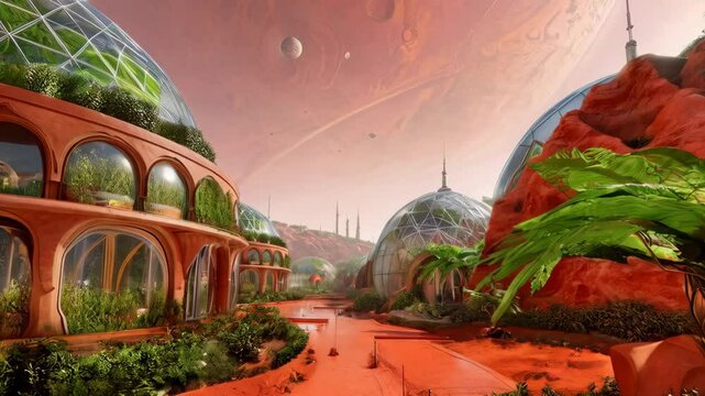 Futuristic domes on Mars vibrant landscape of greenery and red, showcasing advanced architecture and extraordinary science fiction habitat.