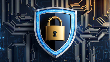 cybersecurity shield with lock and tech circuits