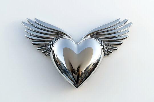 Shiny chrome heart with wings on white background, symbolizing love and freedom
