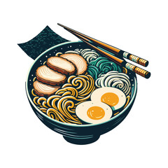 a bowl of ramen with swirling noodles, sliced pork, soft-boiled egg
