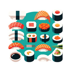 assorted sushi pieces, including nigiri and maki rolls.