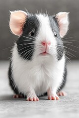 A cute black and white guinea pig with large ears, looking curiously at the camera.