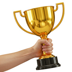Hand holding bright shining big gold trophy cup on blue background
