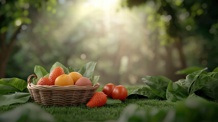 A vibrant basket filled with fresh fruits and greens, nestled on the grass, illuminated by soft sunlight filtering through trees.