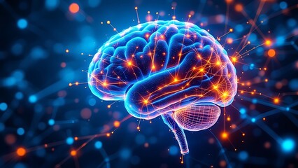 The image depicts a human brain with glowing connections, symbolizing the interconnectedness of thought and neural